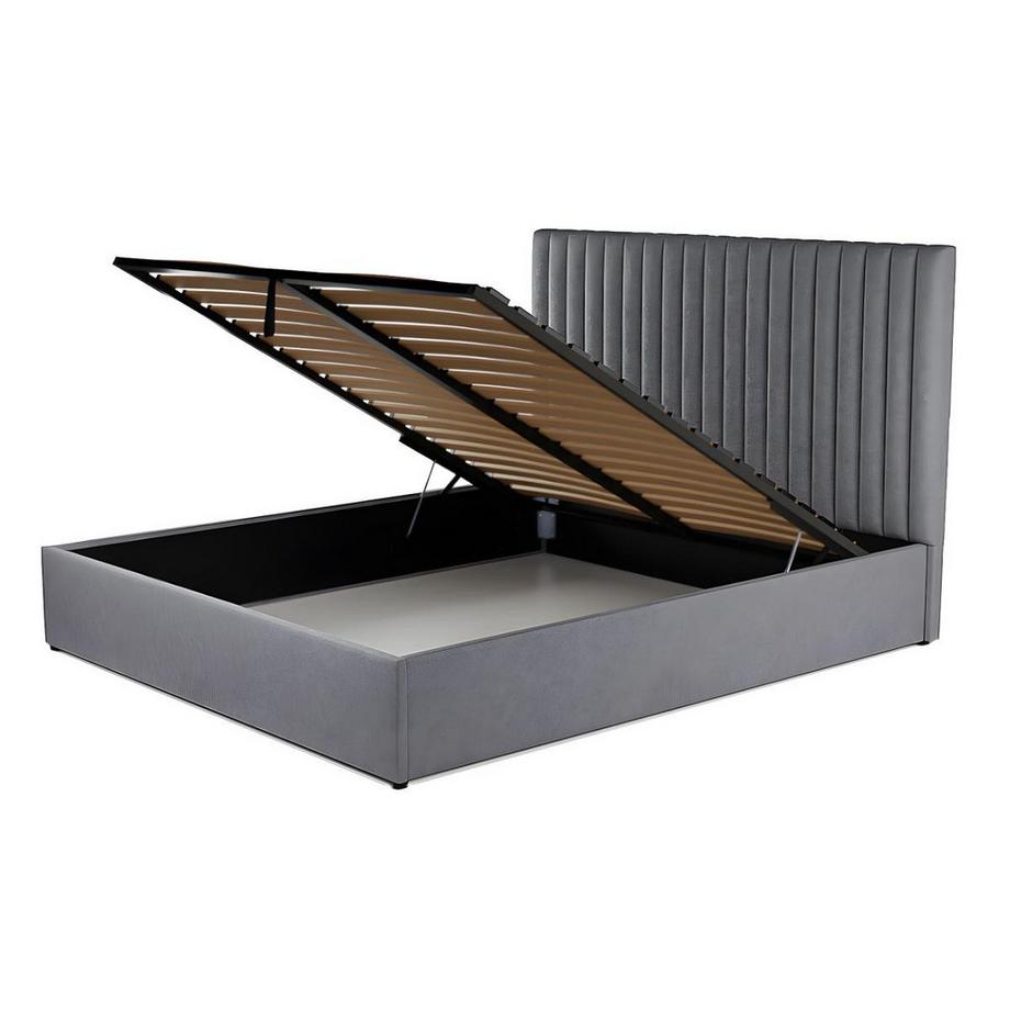 Vente-unique Letto contenitore con testata e cuciture verticali 160 x 200 cm Tessuto Grigio + Materasso - SARAH  