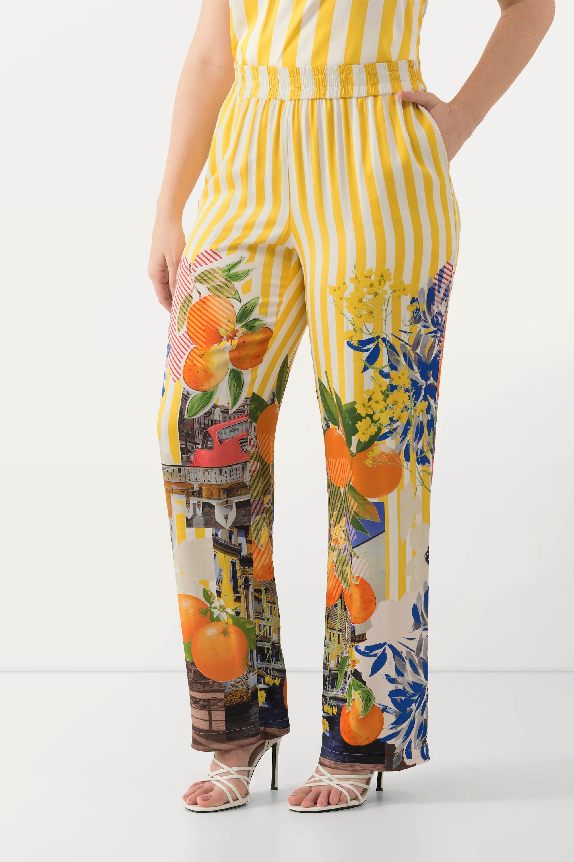 Ulla Popken  Pantalon à rayures et motif oranges, jambe large et taille confortable 