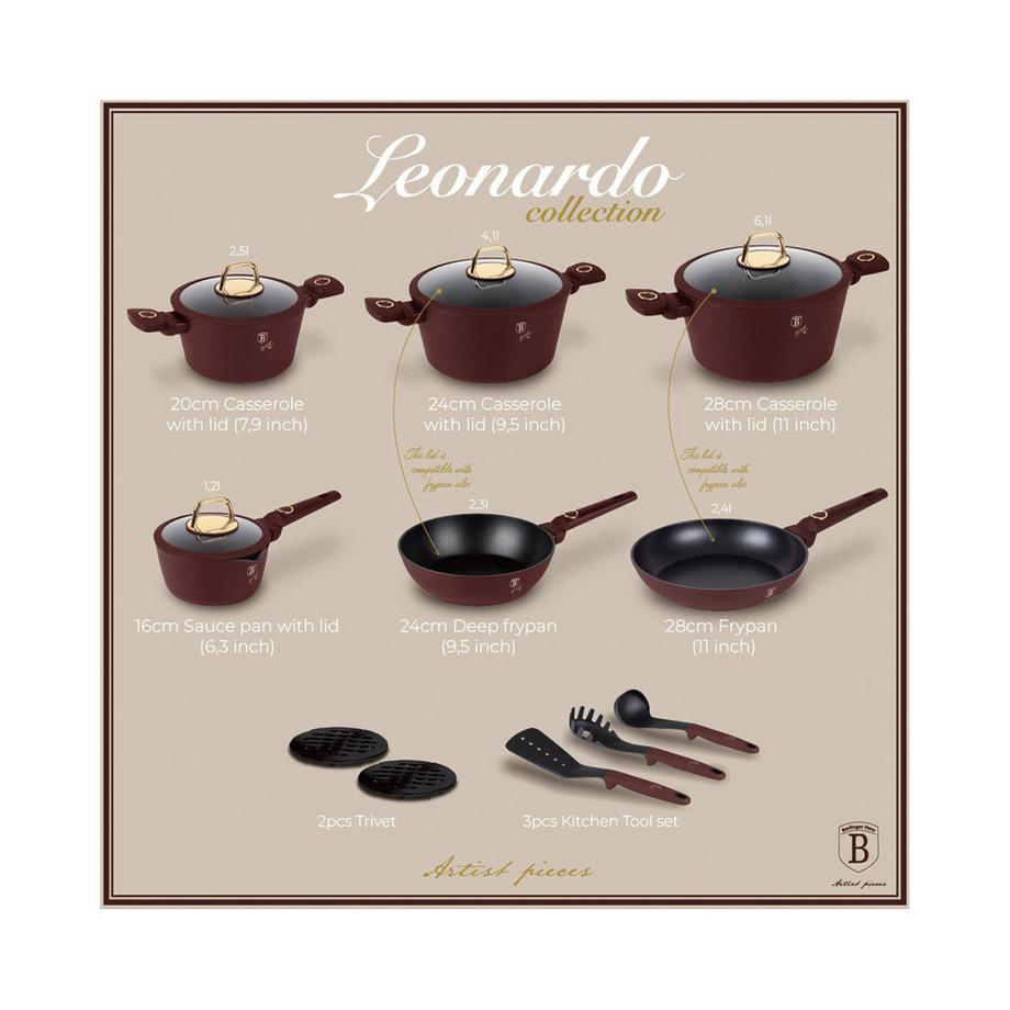 Berlinger Haus Set de 15 ustensiles de cuisine mat bordeaux Leonardo Collection  