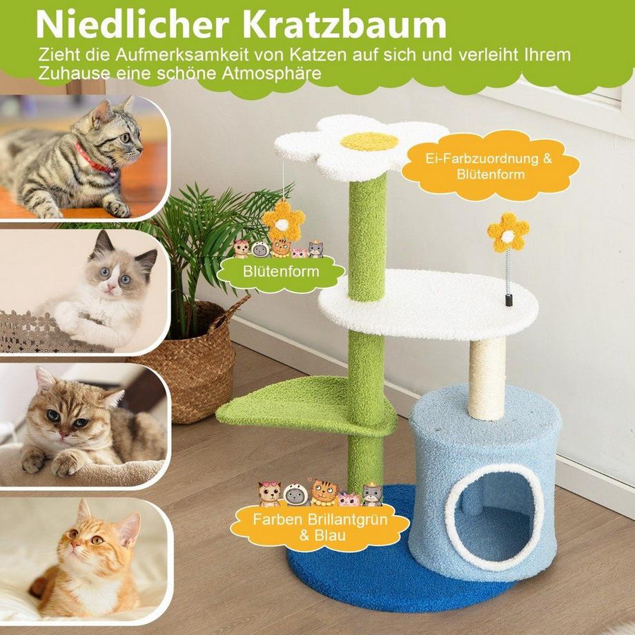 Northix  Klein Kratzbaum mit blumenförmiger Sitzfläche & 2 Bällen & blattförmiger Kletterturm Grün+Blau 