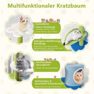 Northix  Petit griffoir avec siège en forme de fleur & 2 boules & tour d'escalade en forme de feuille vert + bleu 