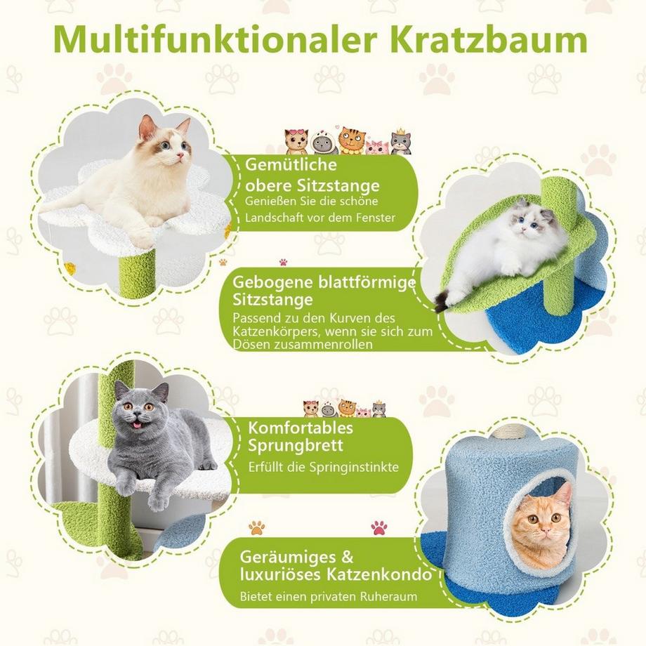 Northix  Klein Kratzbaum mit blumenförmiger Sitzfläche & 2 Bällen & blattförmiger Kletterturm Grün+Blau 