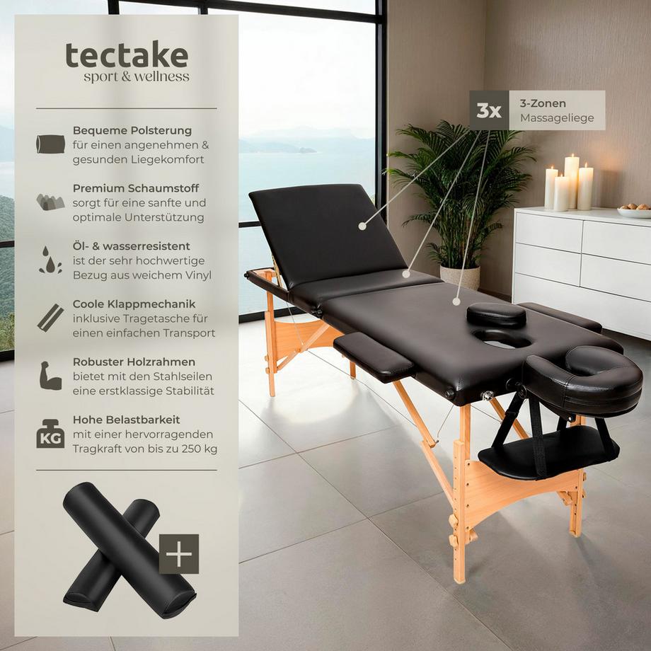 Tectake 3 Zonen Massageliege-Set Daniel mit Polsterung, Rollen und Holzgestell  