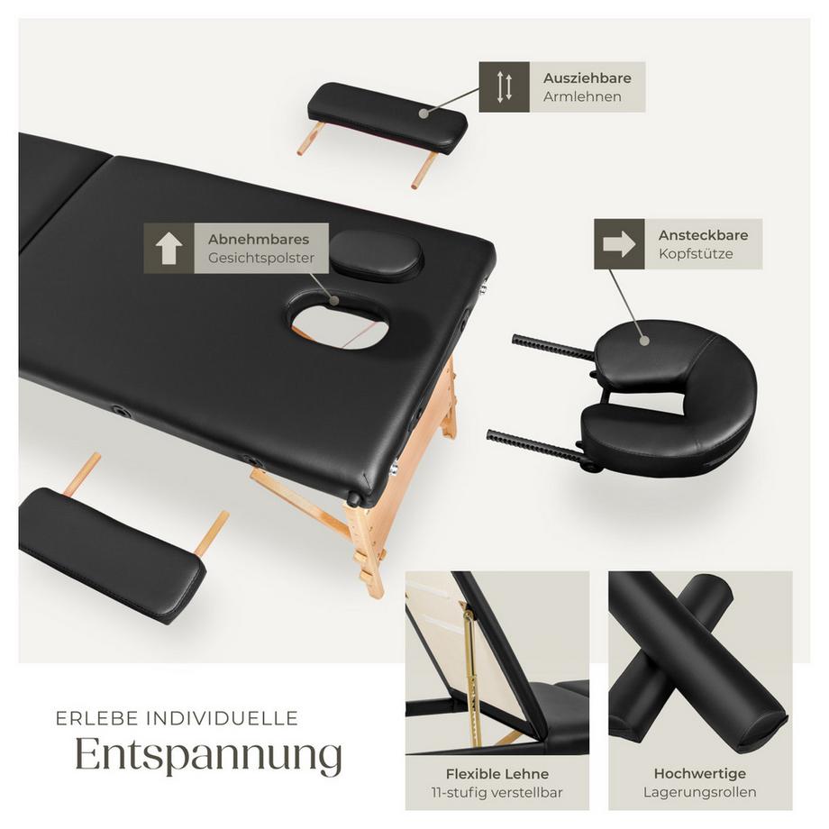Tectake 3 Zonen Massageliege-Set Daniel mit Polsterung, Rollen und Holzgestell  