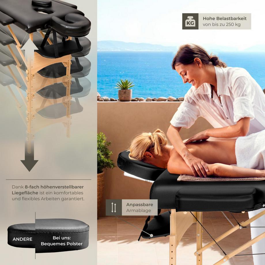 Tectake 3 Zonen Massageliege-Set Daniel mit Polsterung, Rollen und Holzgestell  