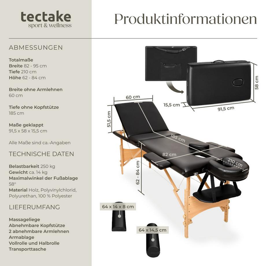 Tectake 3 Zonen Massageliege-Set Daniel mit Polsterung, Rollen und Holzgestell  