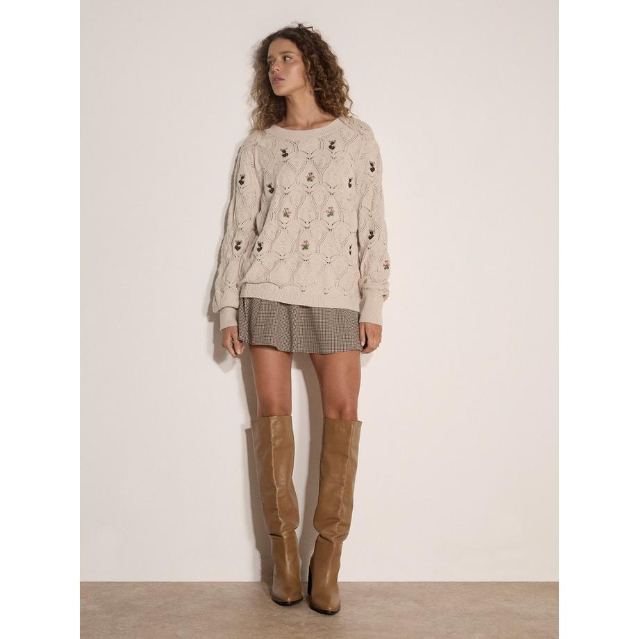 APRICOT Pointelle Strickpullover mit floraler Stickerei  