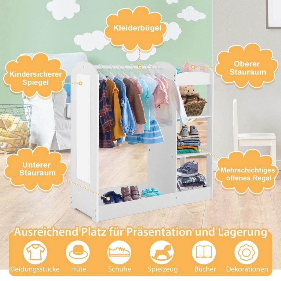 B2X Armoire à vêtements pour enfants Armoire à costumes pour enfants avec miroir 93,5 x 38 x 100 cm blanc  