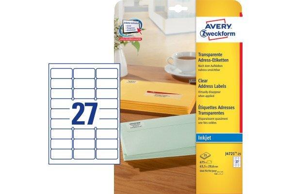 Avery-Zweckform AVERY ZWECKFORM Etiketten 63,5x29,6mm J4721-25 transparent 675 Stück  