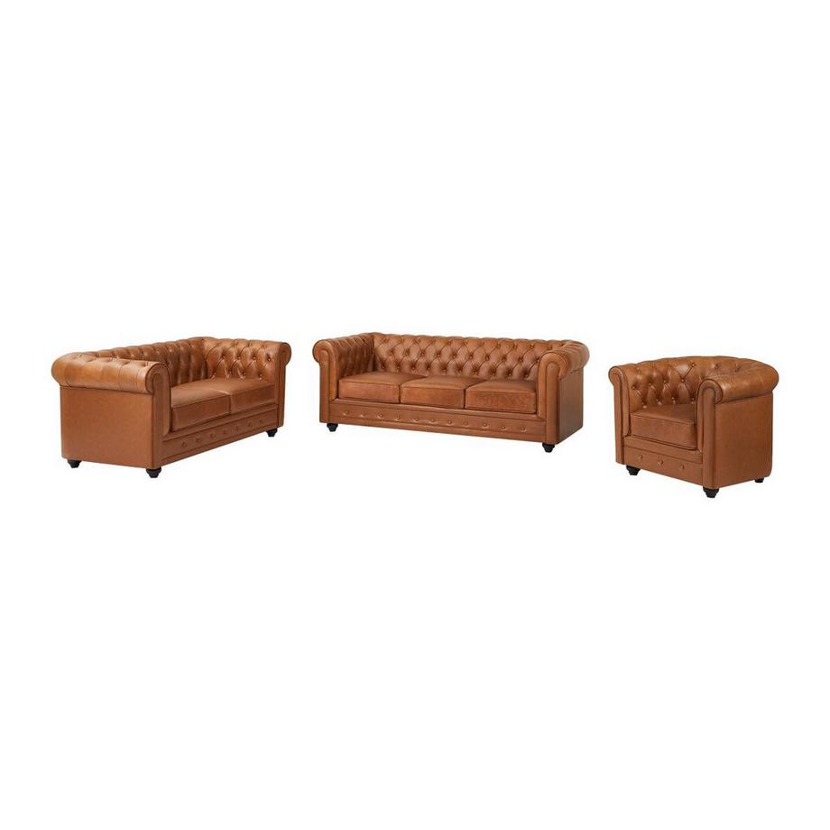 Vente-unique Canapé 3 places, 2 places et fauteuil en cuir de vachette camel CHESTERFIELD  