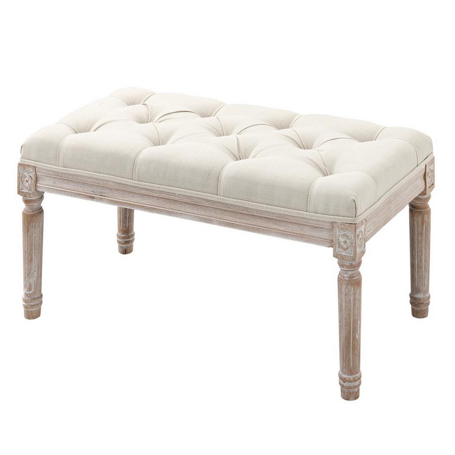 Sitzhocker, Polsterbank mit Leinenoptik, Fußhocker mit gepolstertem Sitz, Holzbein, Ottomane Fußstütze aus Holz, für Wohnzimmer, Schlafzimmer, Cremeweiß