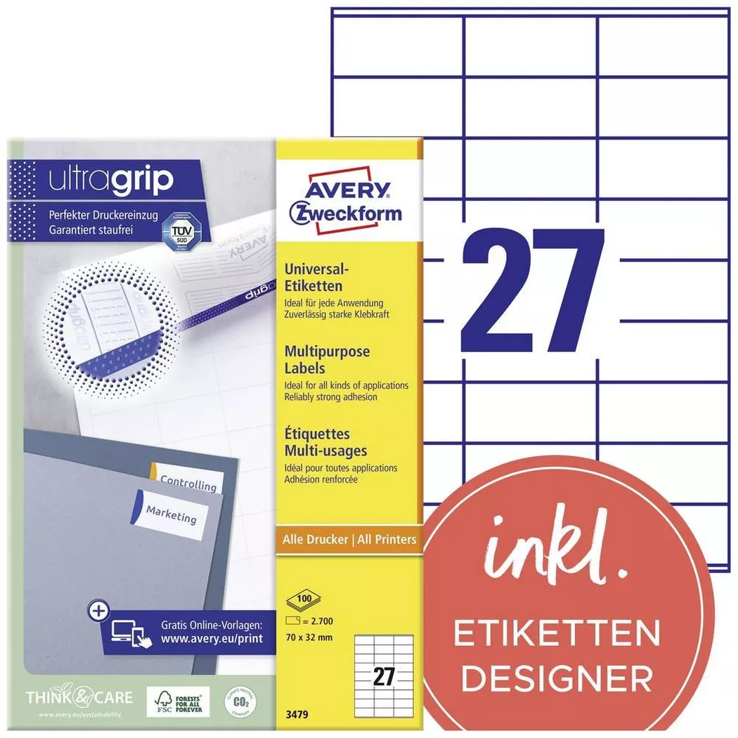 Avery-Zweckform – AVERY ZWECKFORM Universal-Etiketten 70x32mm, 2700 Stk., One Size, Weiss