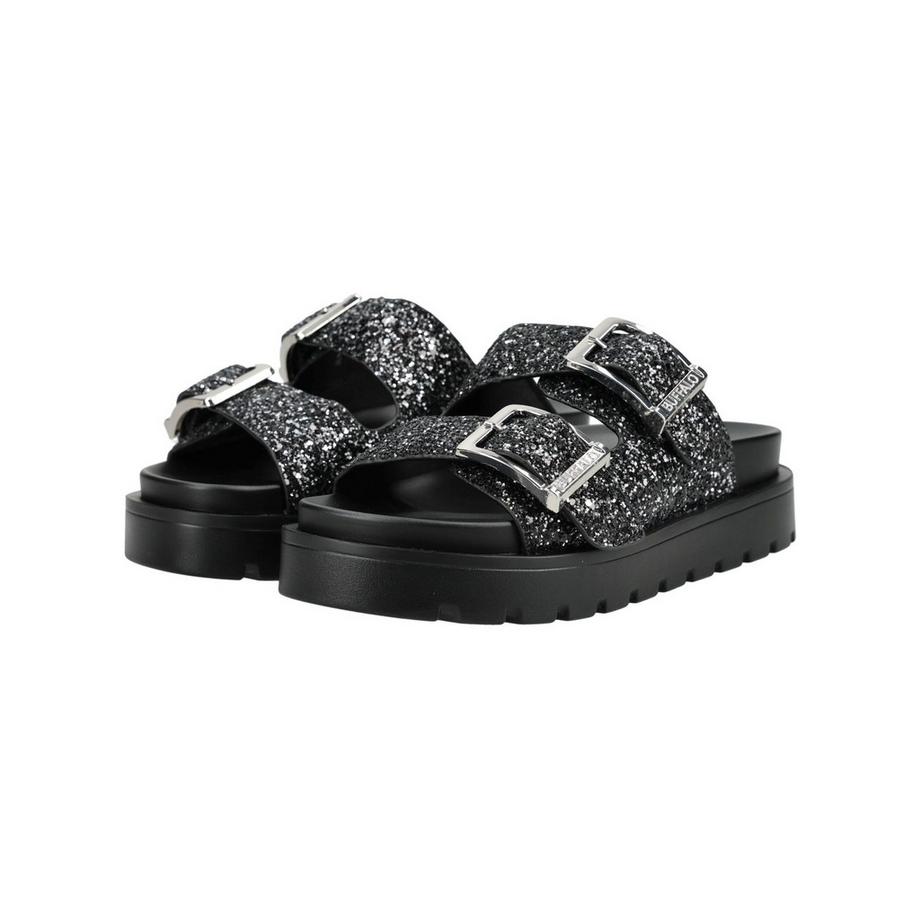 Buffalo Glitzer Doppelriemen Plateausandalen  