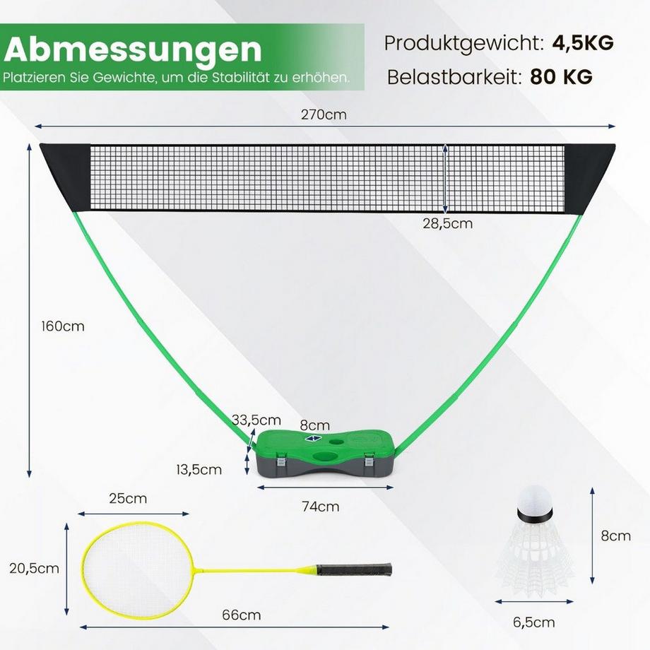Northio  Badminton Netzständer tragbares Federballspiel mit Schlägern Komplett Badminton Set Grün 