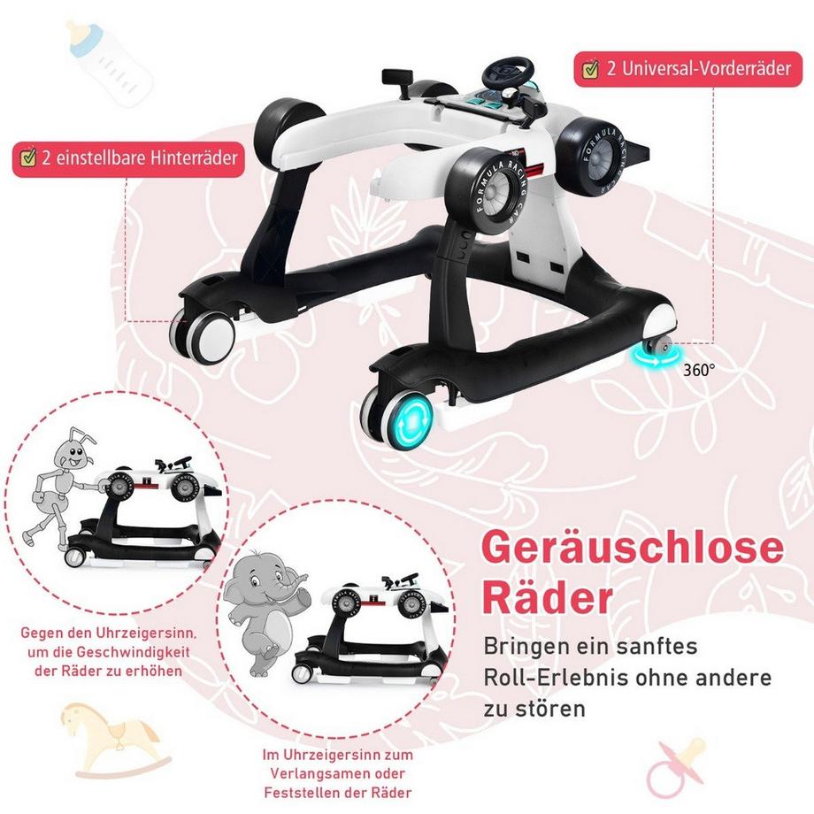 Northix  Trotteur pliable 4 en 1 trotteur bébé 73 x 64 x 50,5/53,5/55,5 cm blanc 