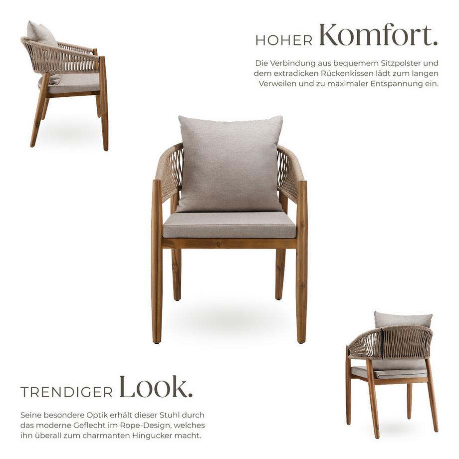 Tectake Gartenstuhl Manacor lasiertes Akazienholz, wetterfest Arm- und Rückenlehne im Rope-Design  