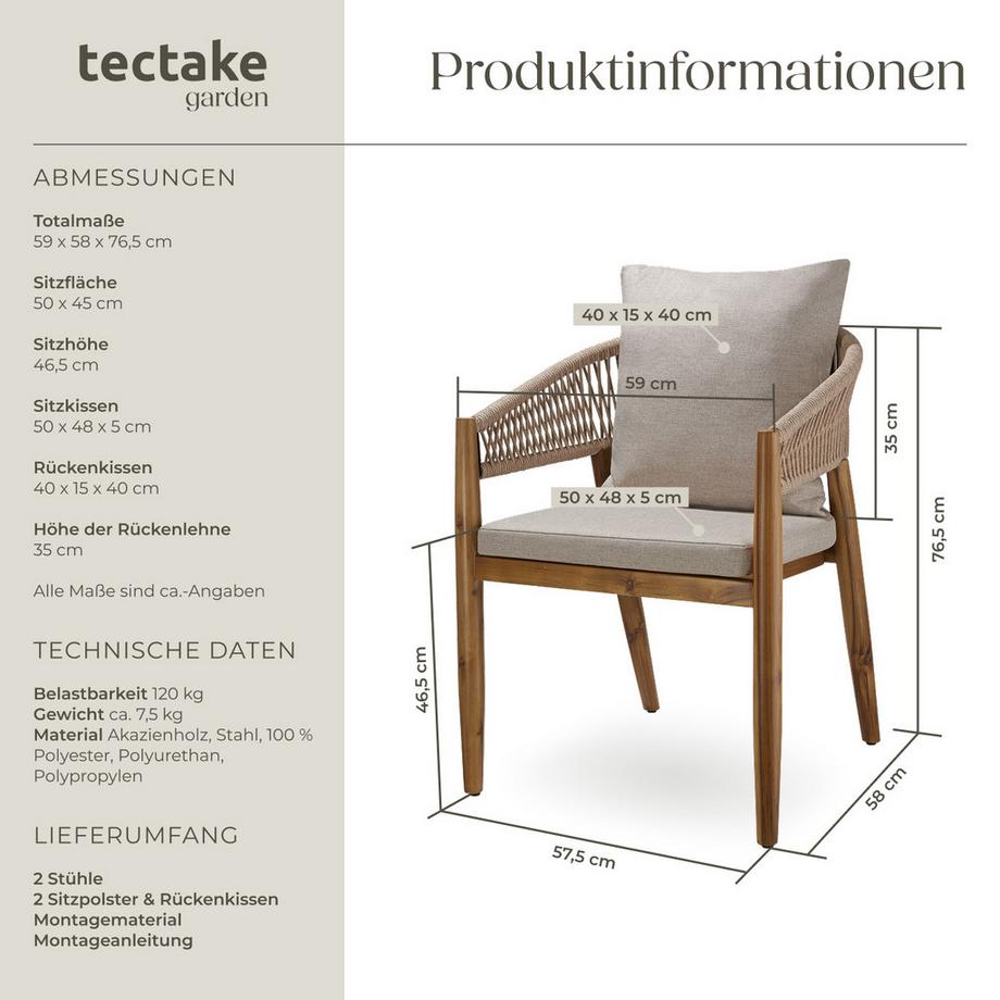 Tectake Gartenstuhl Manacor lasiertes Akazienholz, wetterfest Arm- und Rückenlehne im Rope-Design  