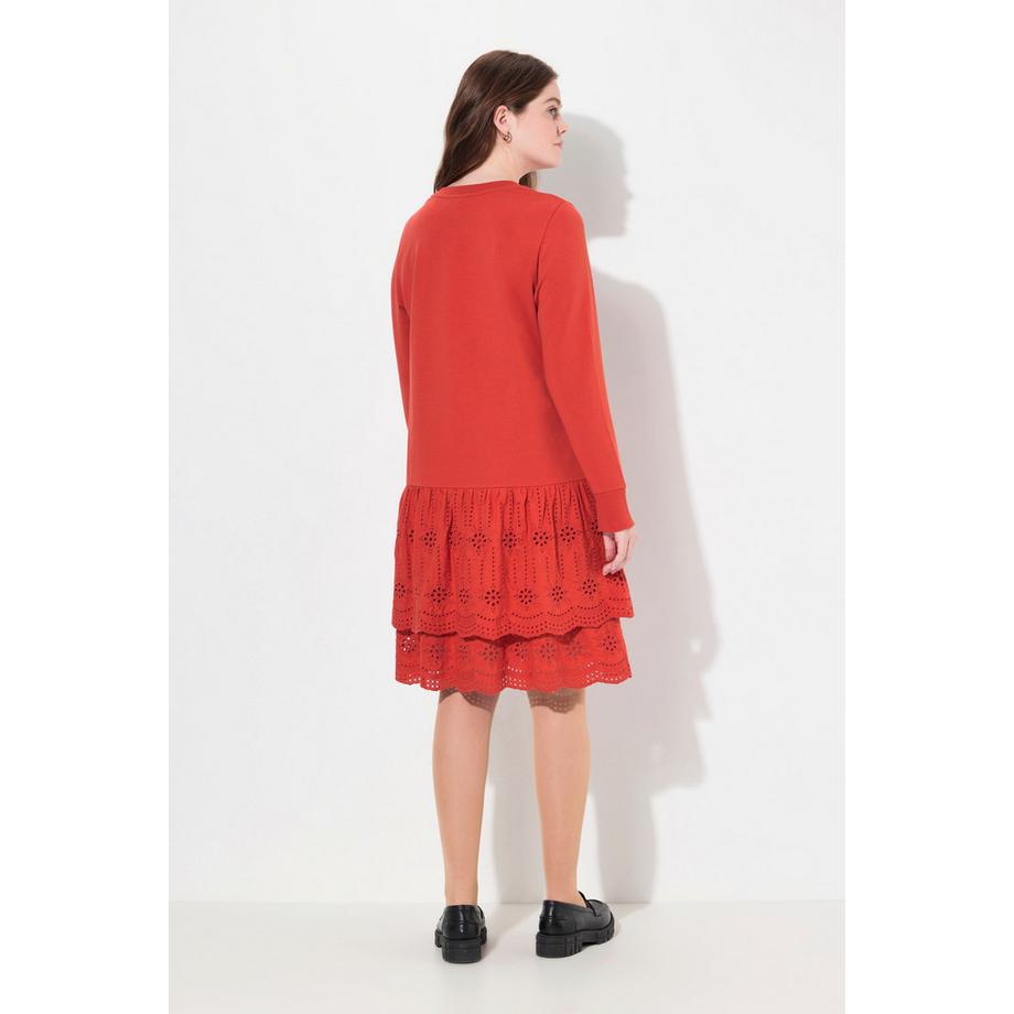 Ulla Popken Abito Felpa Pizzo Scollo a Girocollo Maniche Lunghe Cotone Biologico  