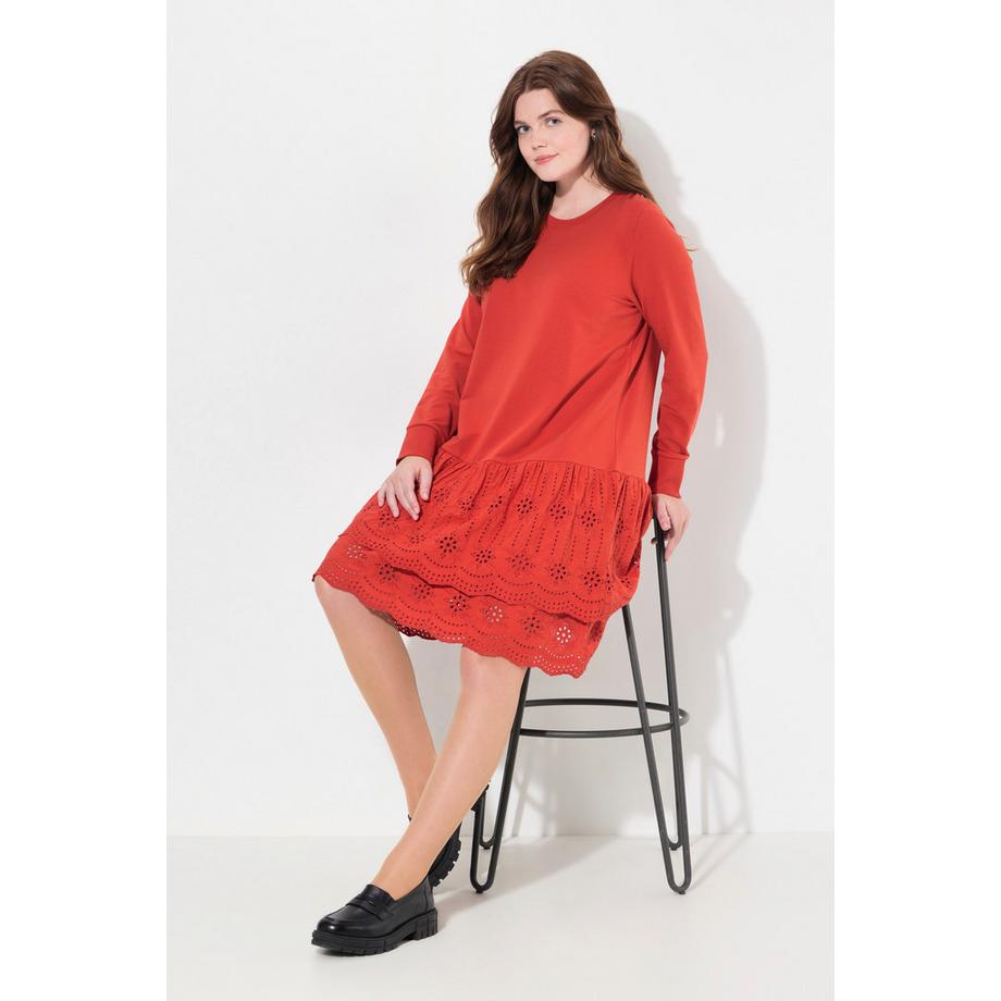 Ulla Popken Abito Felpa Pizzo Scollo a Girocollo Maniche Lunghe Cotone Biologico  