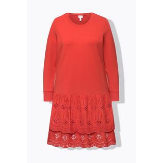 Ulla Popken  Robe en molleton à col rond et manches longues, coton bio et dentelle 