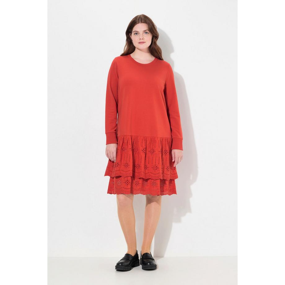 Ulla Popken Abito Felpa Pizzo Scollo a Girocollo Maniche Lunghe Cotone Biologico  