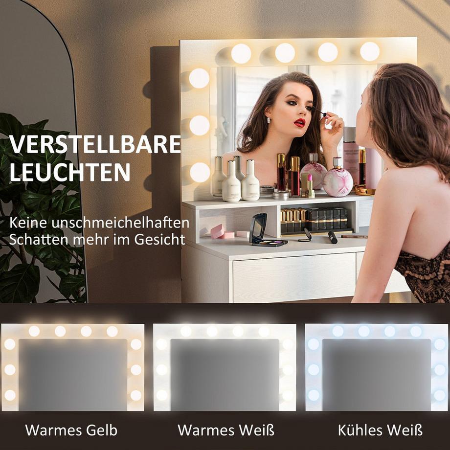 Northio  Coiffeuse avec éclairage LED Coiffeuse avec miroir Table cosmétique à luminosité réglable avec 2 tiroirs étagères ouvertes pour chambre à coucher Blanc 