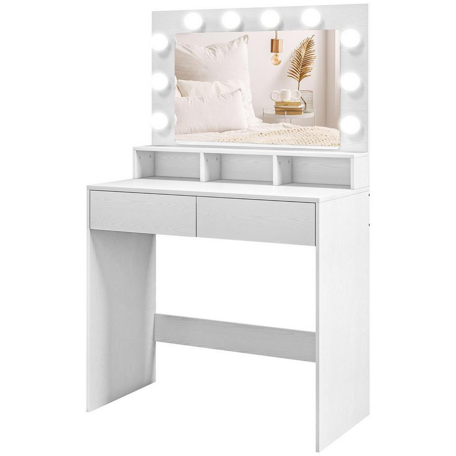 Northio  Coiffeuse avec éclairage LED Coiffeuse avec miroir Table cosmétique à luminosité réglable avec 2 tiroirs étagères ouvertes pour chambre à coucher Blanc 