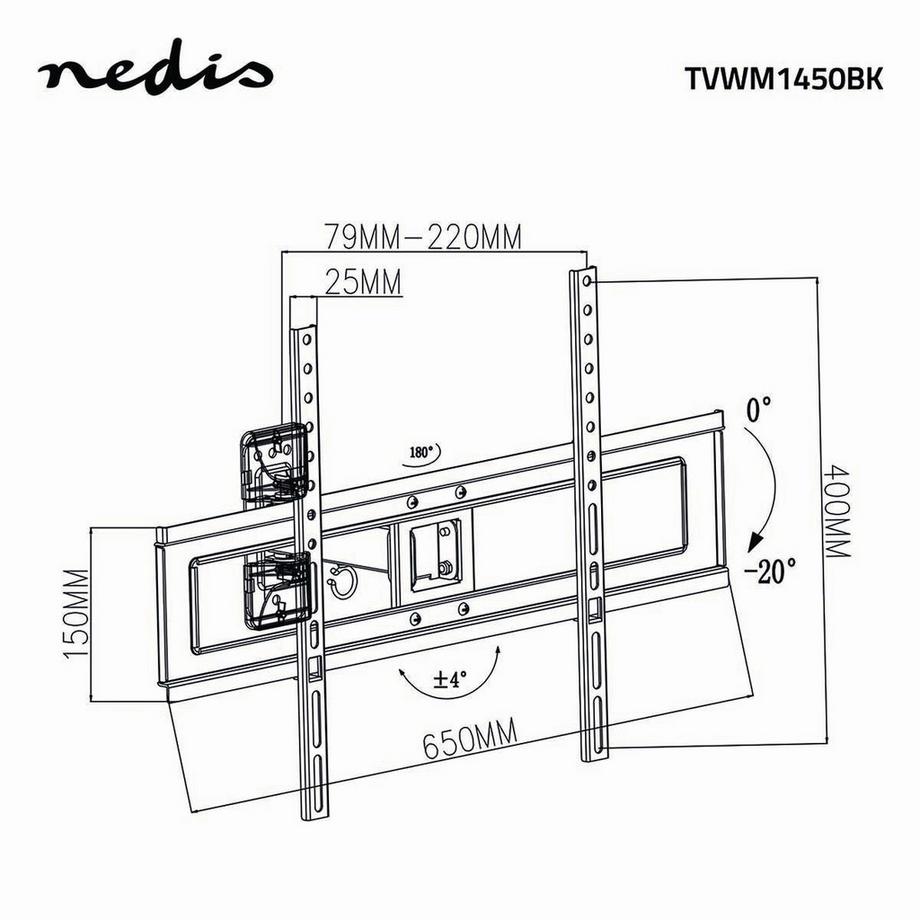 Nedis  Neigbare und schwenkbare TV-Wandhalterung | 37-70" | Maximales Gewicht des Bildschirms: 35kg | Neigbar | Drehbar | Minimaler Wandabstand: 79mm | Maximaler Wandabstand: 220mm | 2 Gelenk(e) | ABS / Stahl | Schwarz 