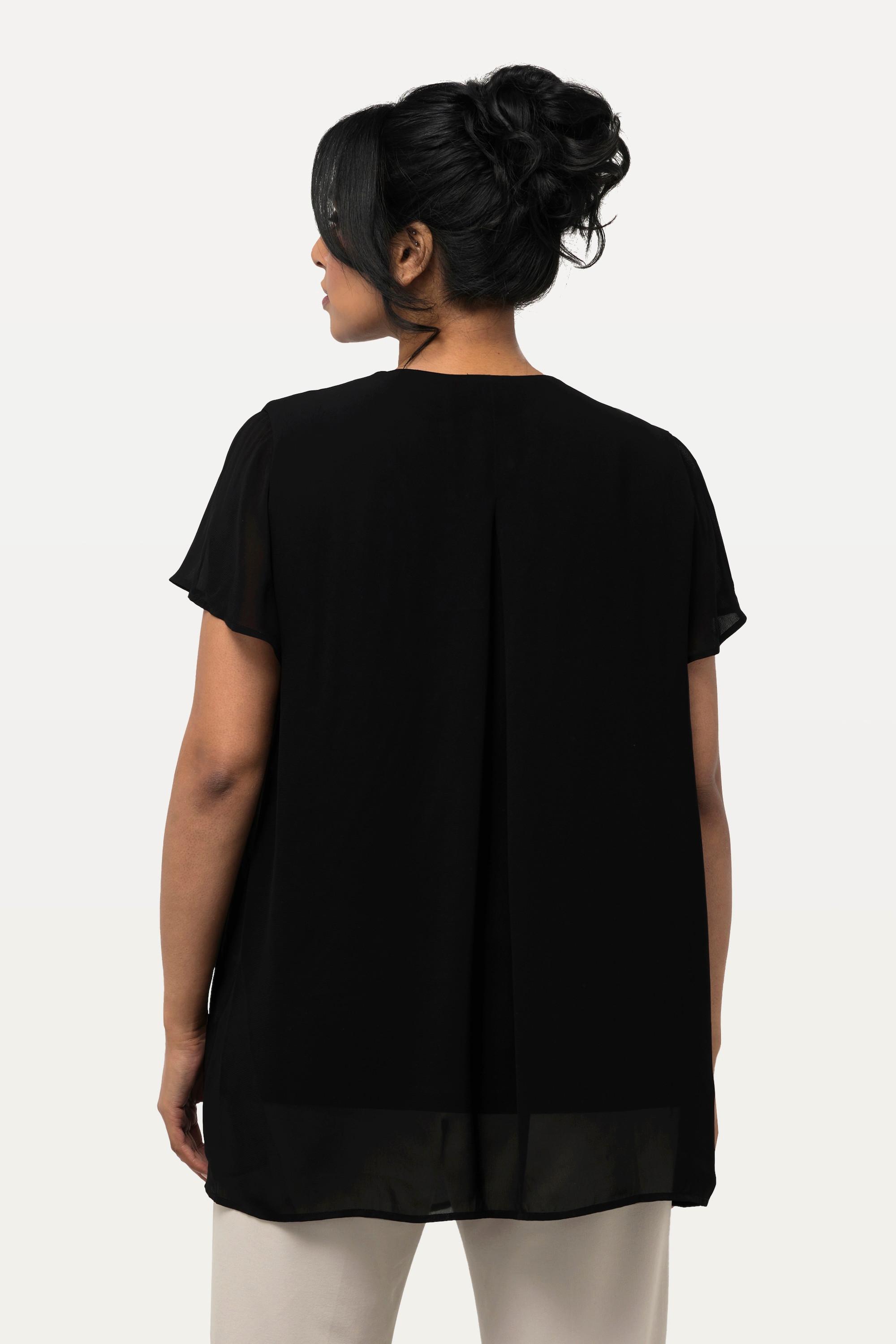 Ulla Popken  Blouse avec drapé, décolleté rond et manches courtes. Silhouette en A. 