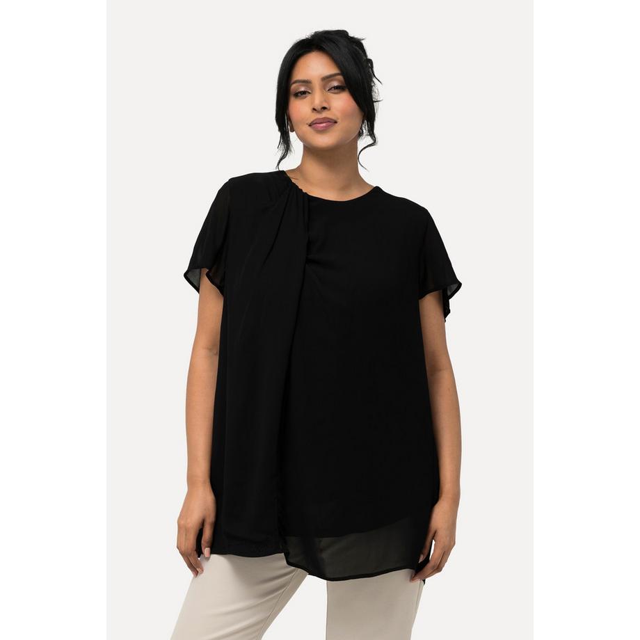 Ulla Popken Blouse Drapée Coupe A Col Rond Manches Courtes  