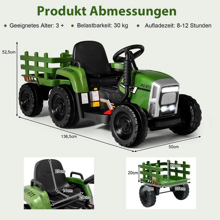Northio  Tracteur pour enfants 12 V avec remorque amovible et voiture jouet électrique télécommandée vert 