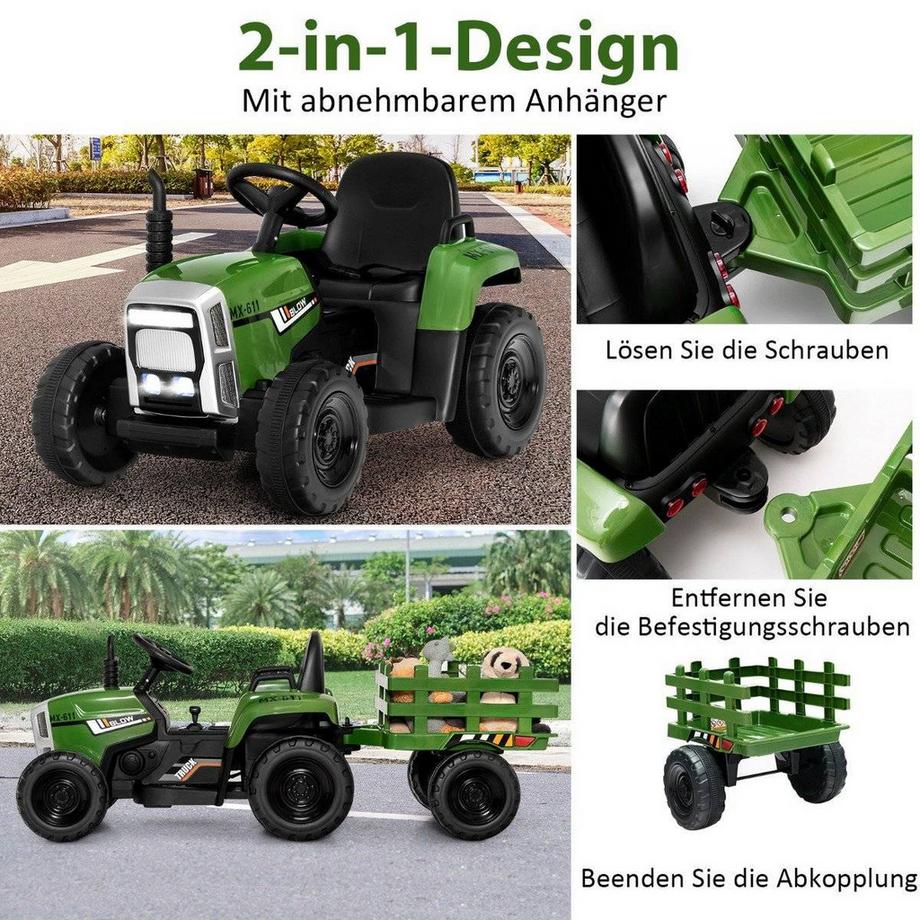 Northio  Tracteur pour enfants 12 V avec remorque amovible et voiture jouet électrique télécommandée vert 