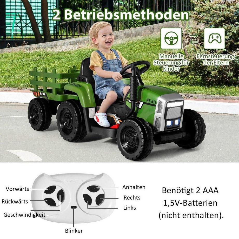 Northio  Tracteur pour enfants 12 V avec remorque amovible et voiture jouet électrique télécommandée vert 