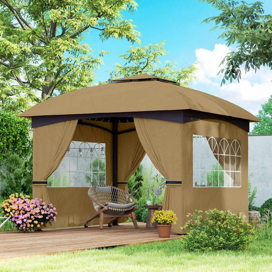 Northio Gazebo circa 3,4x3,4 m padiglione da giardino idrorepellente con 4 pannelli laterali, doppio tetto, tenda per feste con protezione UV tenda da giardino con telaio in metallo zincato, per giardino beige  
