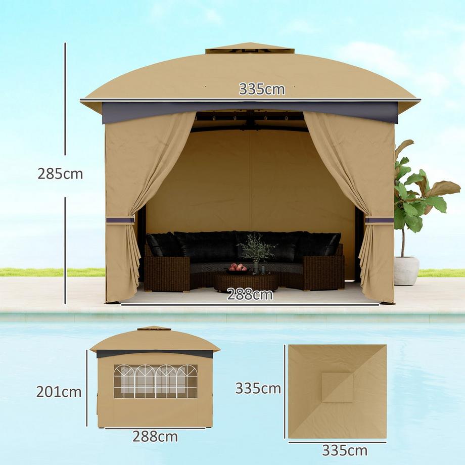Northio Gazebo circa 3,4x3,4 m padiglione da giardino idrorepellente con 4 pannelli laterali, doppio tetto, tenda per feste con protezione UV tenda da giardino con telaio in metallo zincato, per giardino beige  