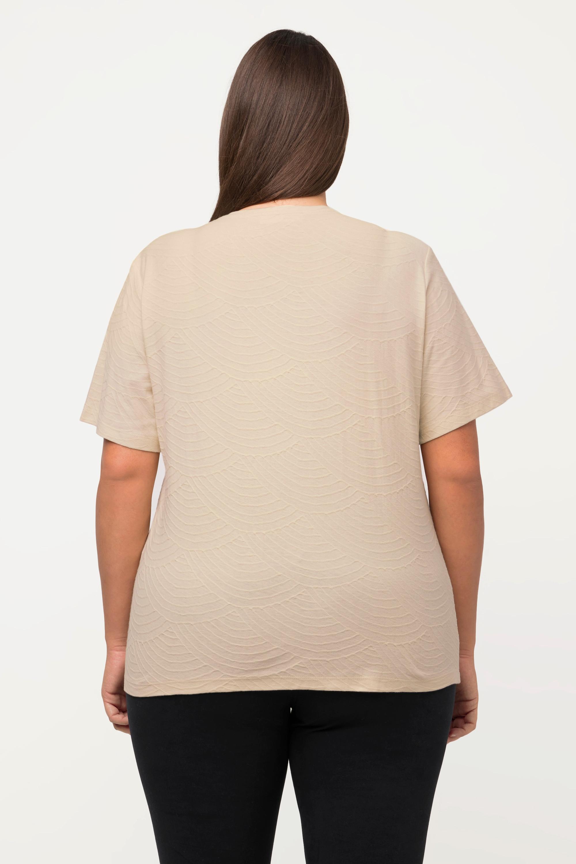 Ulla Popken  T-shirt di cotone biologico con onde, scollatura a V e mezze maniche 