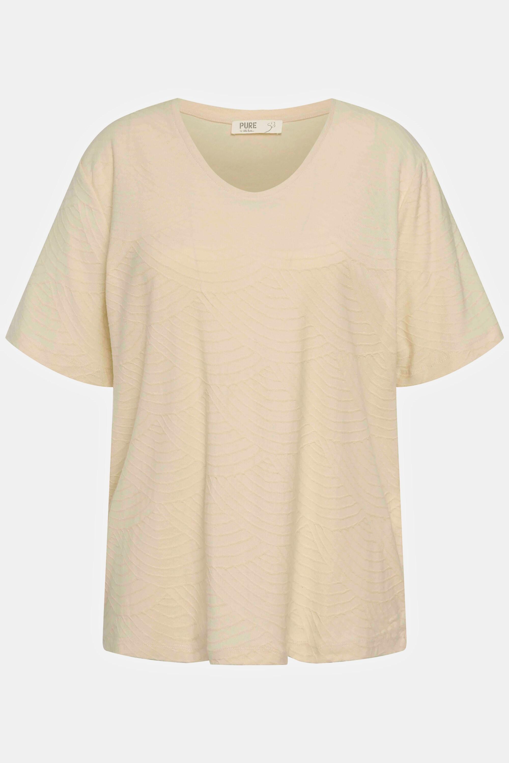 Ulla Popken  T-shirt di cotone biologico con onde, scollatura a V e mezze maniche 