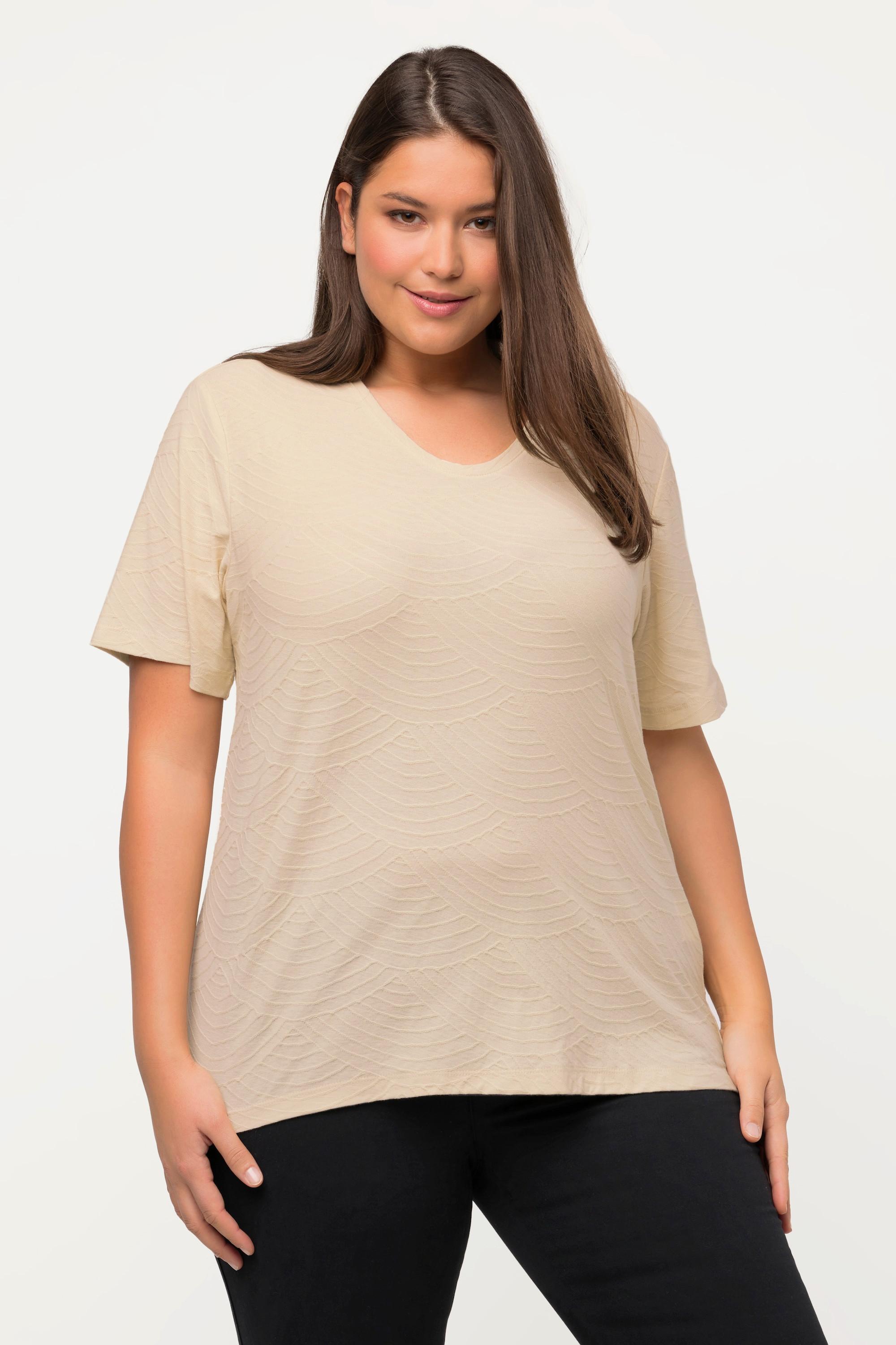 Ulla Popken  T-shirt di cotone biologico con onde, scollatura a V e mezze maniche 