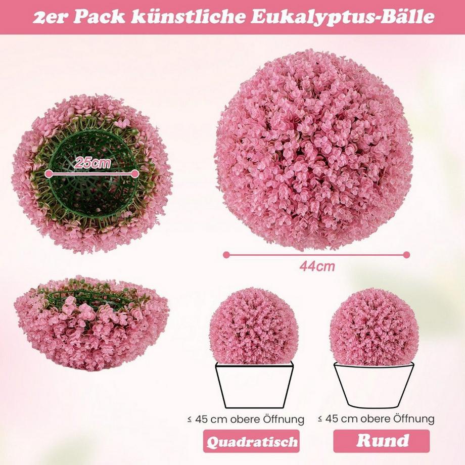 Northio Lot de 2 boules de buis 44 cm plante artificielle eucalyptus boule de buis boule d'herbe boule de plante rose  