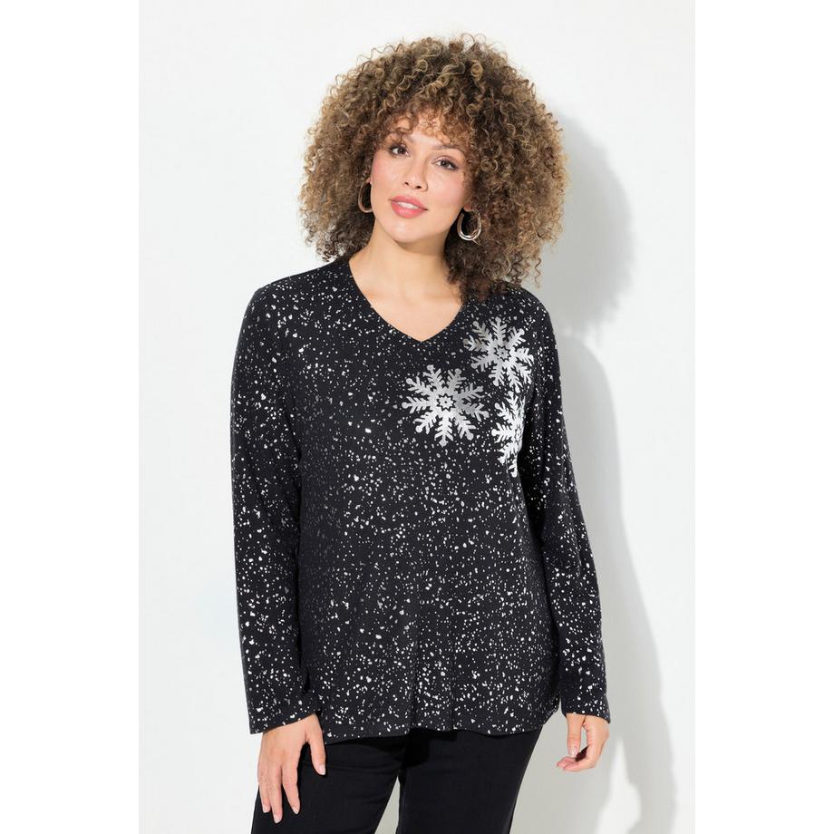 Ulla Popken Schneeflocken V-Ausschnitt Langarm Sweatshirt  