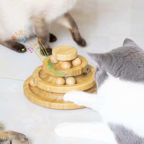 Alopini  Jouet pour chat autonome, jouet interactif en bois pour chat, rouleau à bascule rotatif à trois niveaux avec cloches 