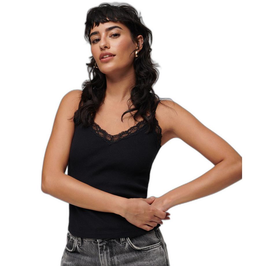 Superdry Débardeur Caraco Côtelé en Coton Bio avec Liseré Dentelle  