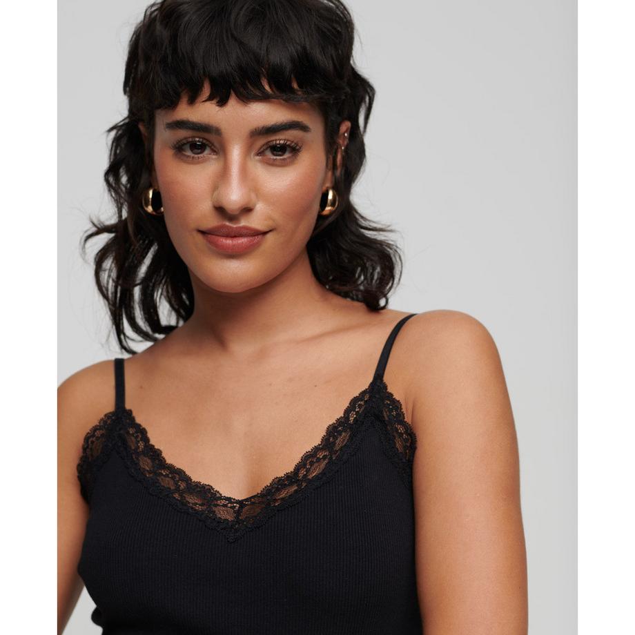 Superdry Débardeur Caraco Côtelé en Coton Bio avec Liseré Dentelle  