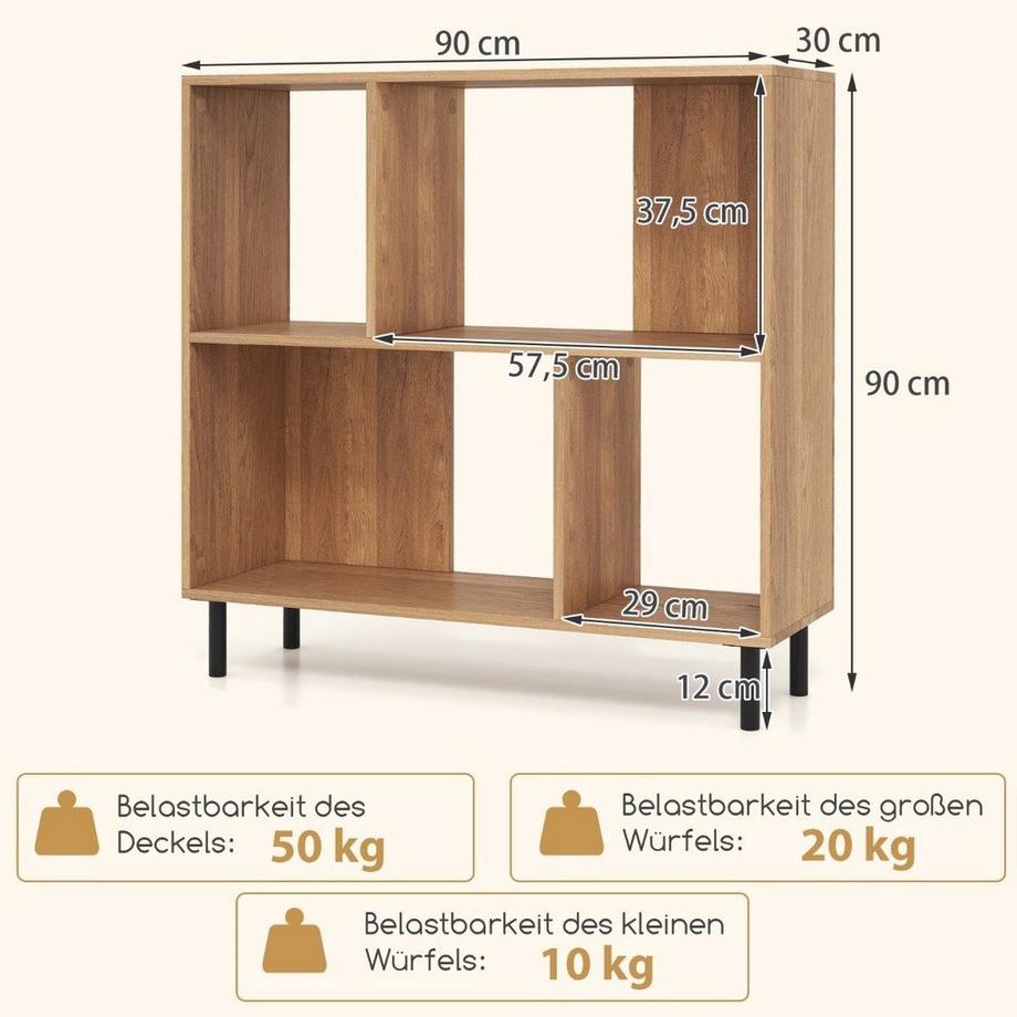 Northix Bibliothèque avec 4 compartiments & pieds en métal étagère sur pied étagère de rangement naturel  