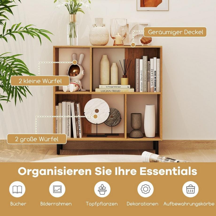 Northix Bibliothèque avec 4 compartiments & pieds en métal étagère sur pied étagère de rangement naturel  