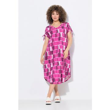 Robe midi en jersey, rayures esprit batik, décolleté en V et manches courtes