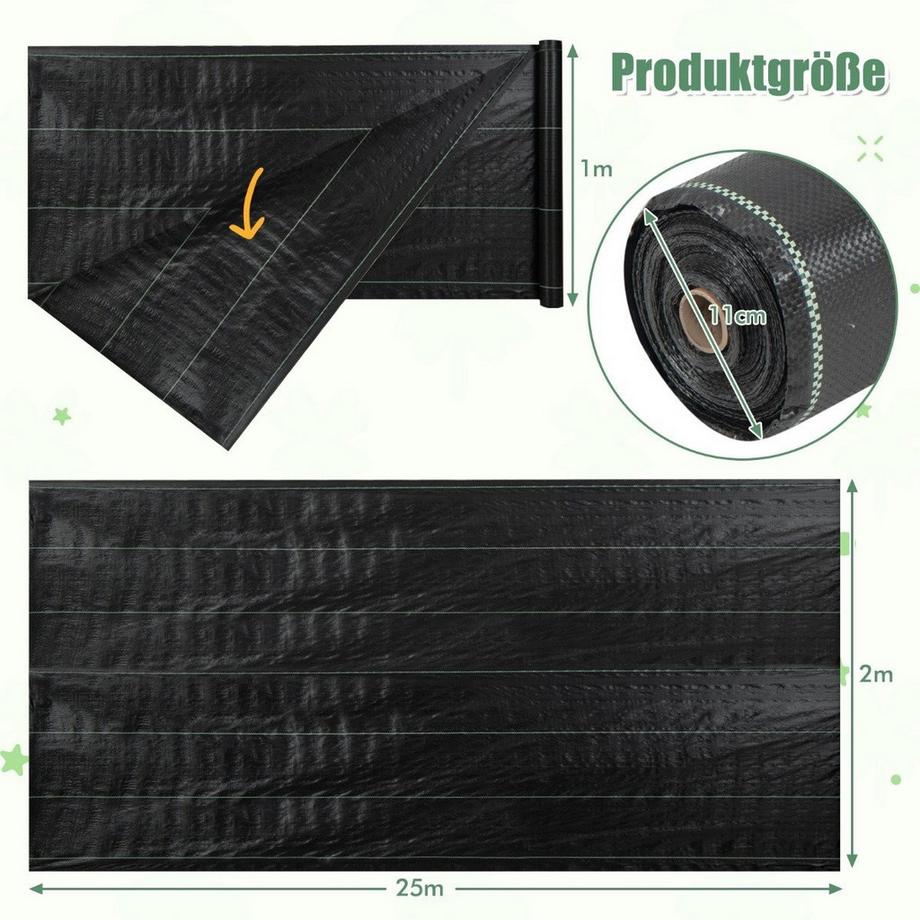 Northix  Unkrautvlies 50m² Gartenvlies gegen Unkraut Unkrautfolie PP Schwarz 25 x 2m-100 g/m² 