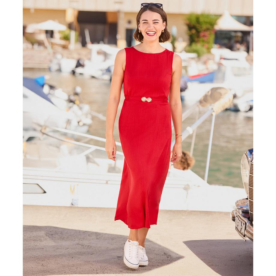 Joe Browns Robe Col Bateau en Mélange de Lin avec Ceinture à Nouer  