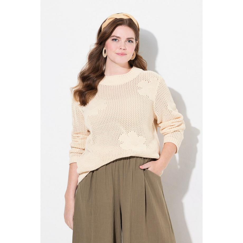 Ulla Popken Pull Maille Ajourée Florale Coton Bio  