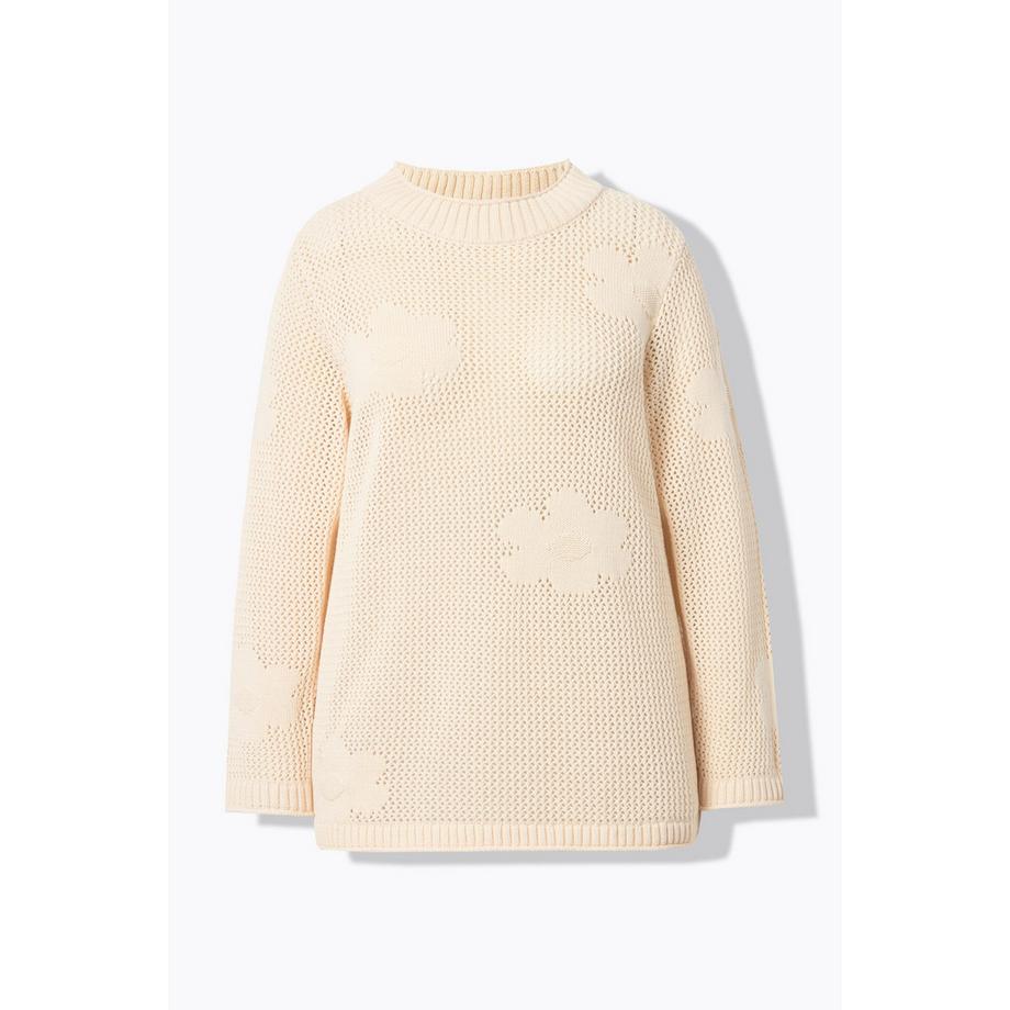 Ulla Popken Pull Maille Ajourée Florale Coton Bio  